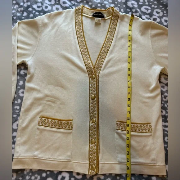 VTG 90s Cathy Daniel’s Ivory & Gold Trim Cardigan/Size Large - Picture 12 of 14